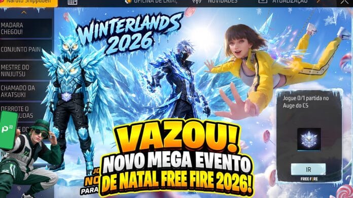 Capa do evento de Natal 2026 do Free Fire, com mudança de armas e conjunto do Sasuke