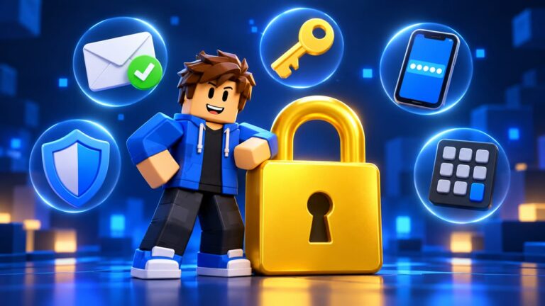 Avatar de Roblox ao lado de um cadeado dourado e ícones de segurança da conta