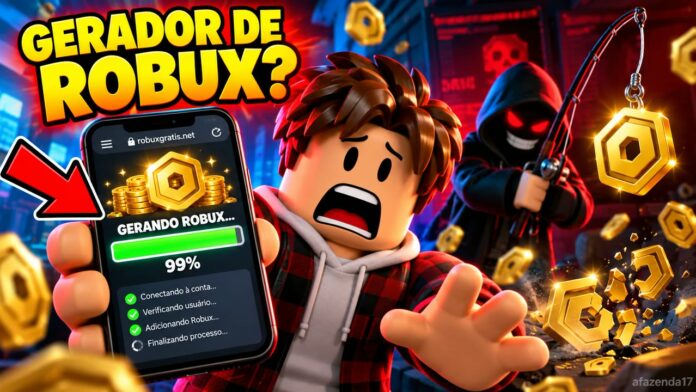 Avatar do Roblox assustado com um gerador de Robux falso no celular
